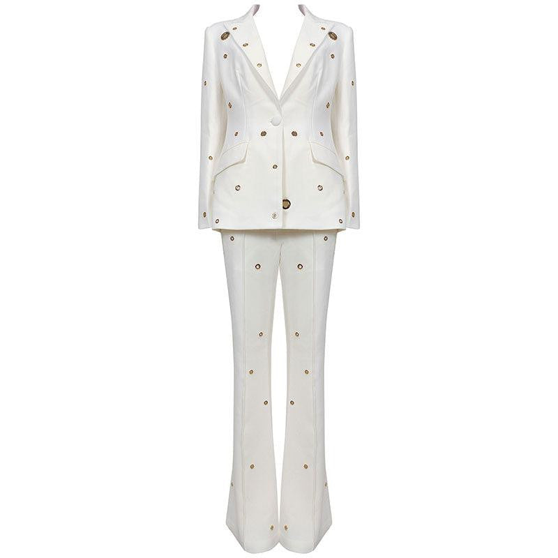 KittenAlarm - Chancy Solid Eyelet Blazer Top & Pants Set