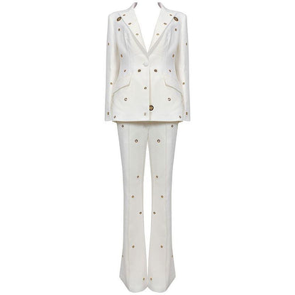 KittenAlarm - Chancy Solid Eyelet Blazer Top & Pants Set