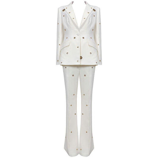 KittenAlarm - Chancy Solid Eyelet Blazer Top & Pants Set