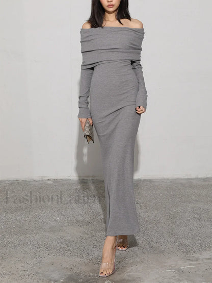 Charcoal Off Shoulder Overfold Modern Long Sleeve Long Dress