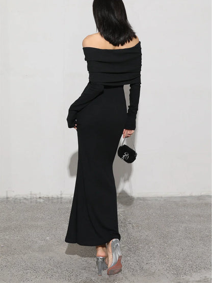 Charcoal Off Shoulder Overfold Modern Long Sleeve Long Dress