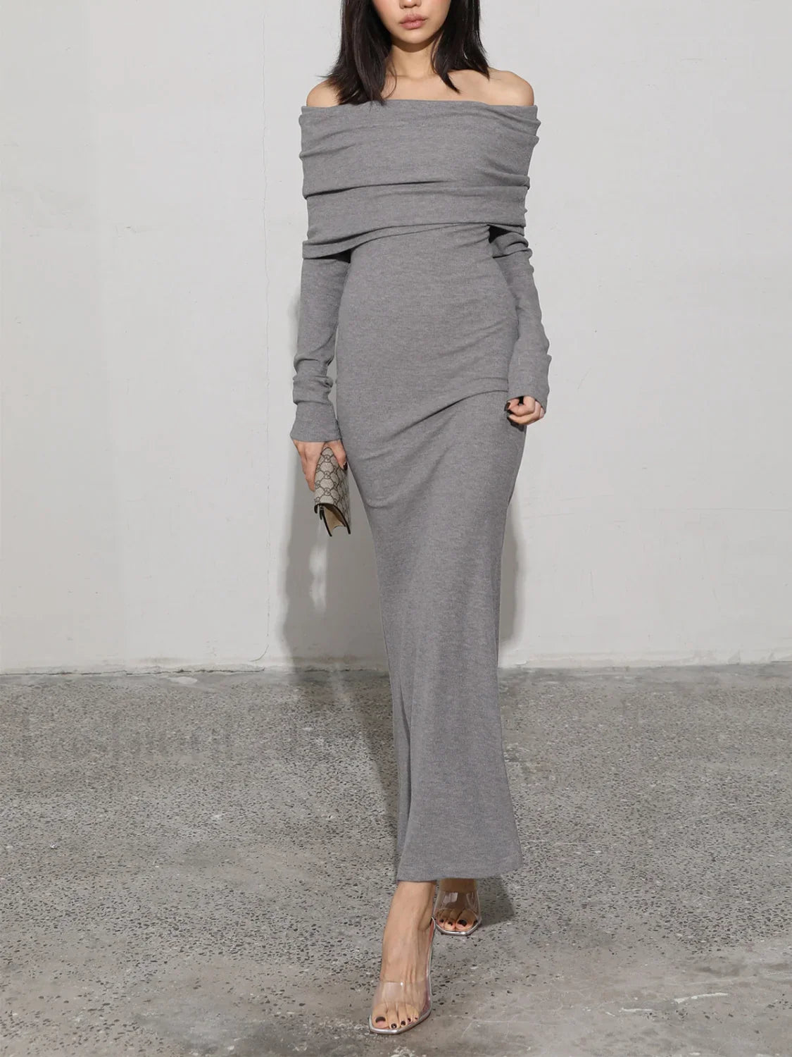 Charcoal Off Shoulder Overfold Modern Long Sleeve Long Dress