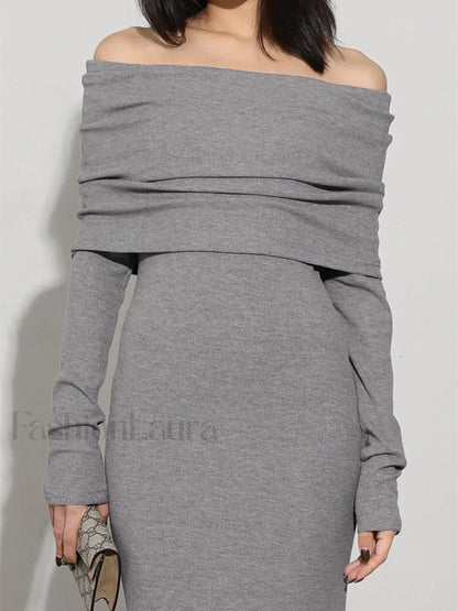 Charcoal Off Shoulder Overfold Modern Long Sleeve Long Dress