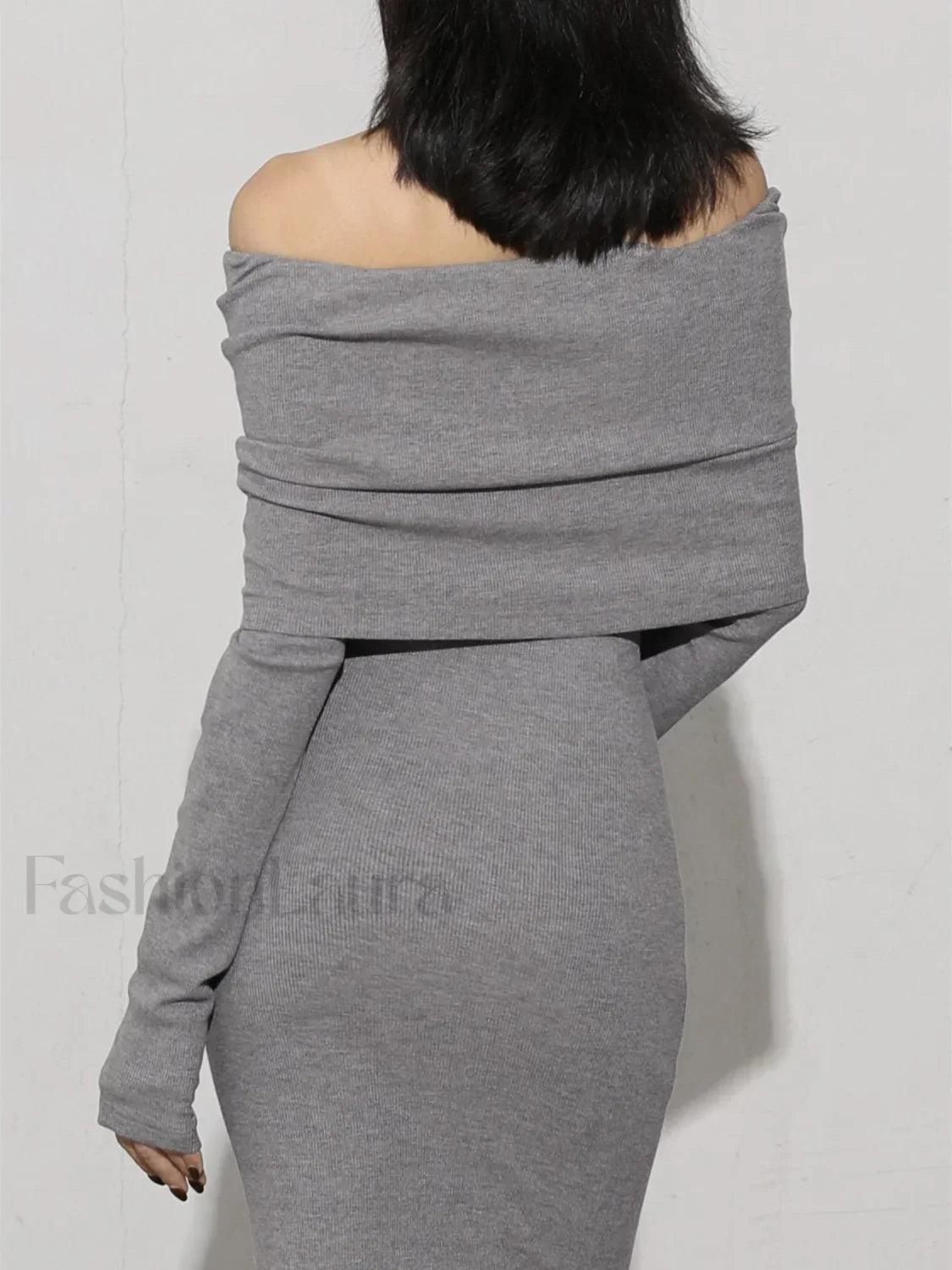 Charcoal Off Shoulder Overfold Modern Long Sleeve Long Dress