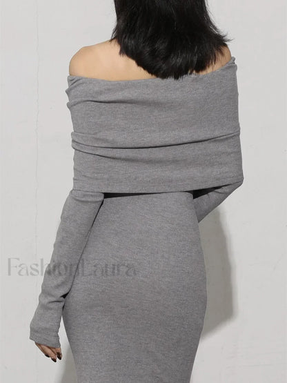 Charcoal Off Shoulder Overfold Modern Long Sleeve Long Dress