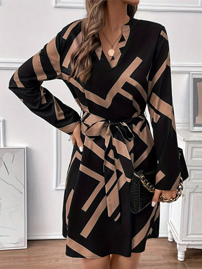 Geometric Print Notched V-Neck Belted Long Sleeve Mini Dress