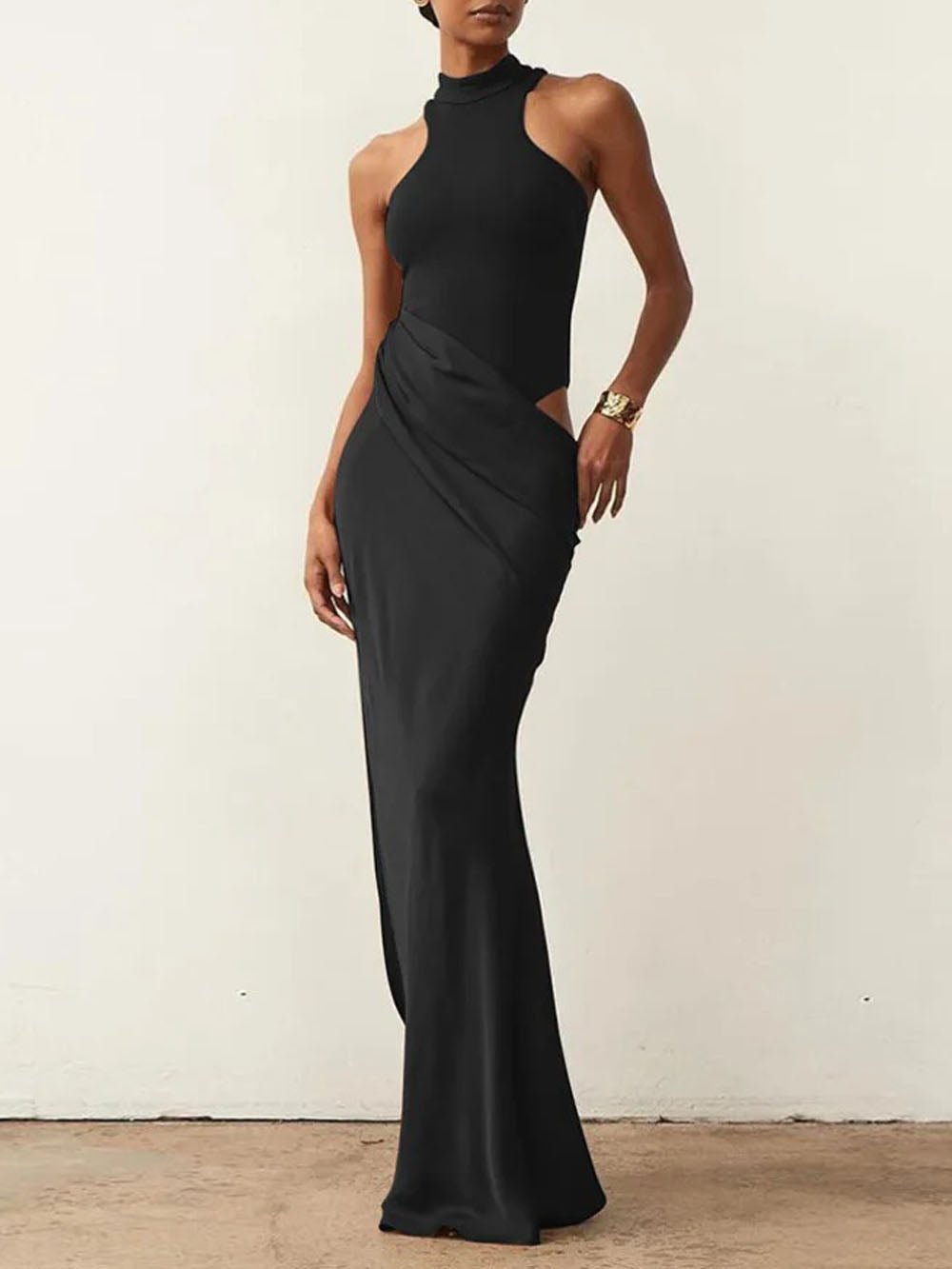 Mock Neck Sleeveless Side Cutout Asymmetric Drape Maxi Gown