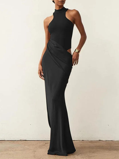 Mock Neck Sleeveless Side Cutout Asymmetric Drape Maxi Gown
