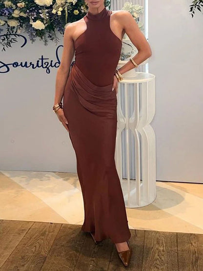 Mock Neck Sleeveless Side Cutout Asymmetric Drape Maxi Gown