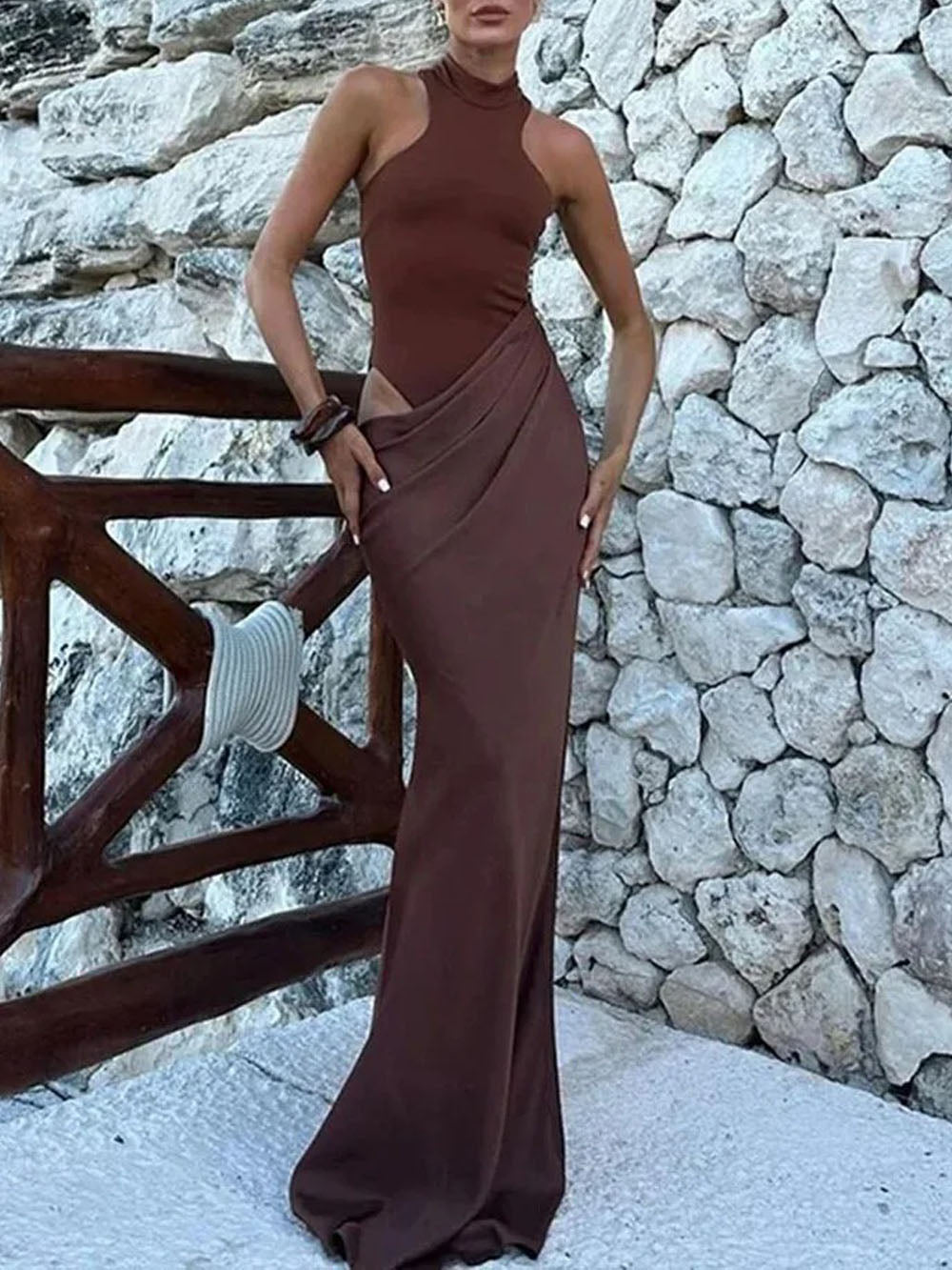 Mock Neck Sleeveless Side Cutout Asymmetric Drape Maxi Gown