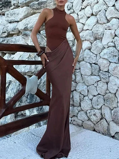 Mock Neck Sleeveless Side Cutout Asymmetric Drape Maxi Gown