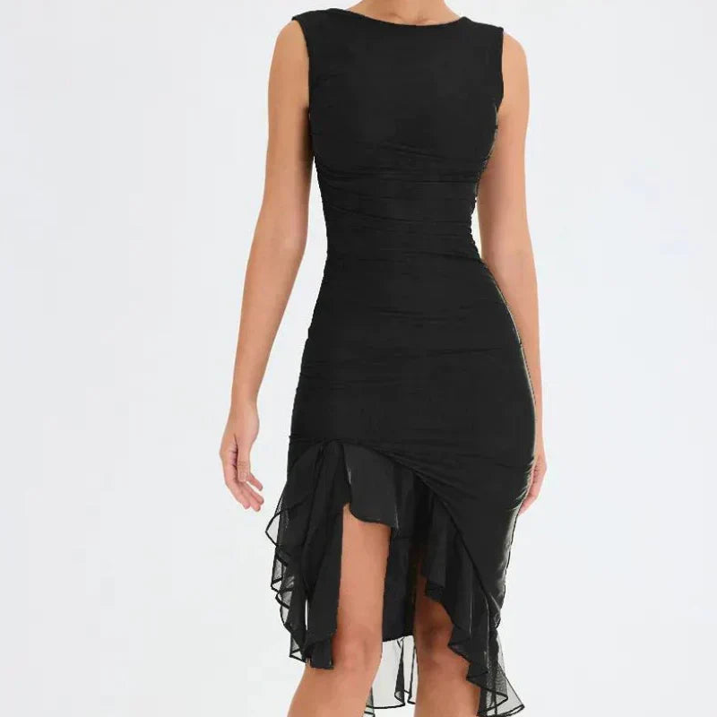 Boat Neck Sleeveless Ruched Asymmetric Slit Mesh Trim Tiered Ruffle Midi Dress