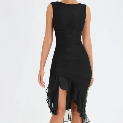 Boat Neck Sleeveless Ruched Asymmetric Slit Mesh Trim Tiered Ruffle Midi Dress