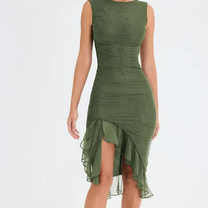 Boat Neck Sleeveless Ruched Asymmetric Slit Mesh Trim Tiered Ruffle Midi Dress