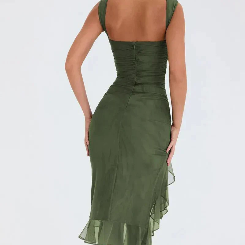 Boat Neck Sleeveless Ruched Asymmetric Slit Mesh Trim Tiered Ruffle Midi Dress