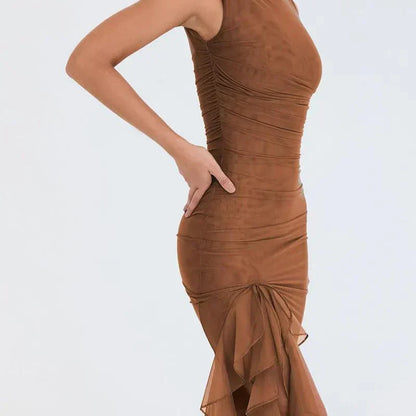 Boat Neck Sleeveless Ruched Asymmetric Slit Mesh Trim Tiered Ruffle Midi Dress