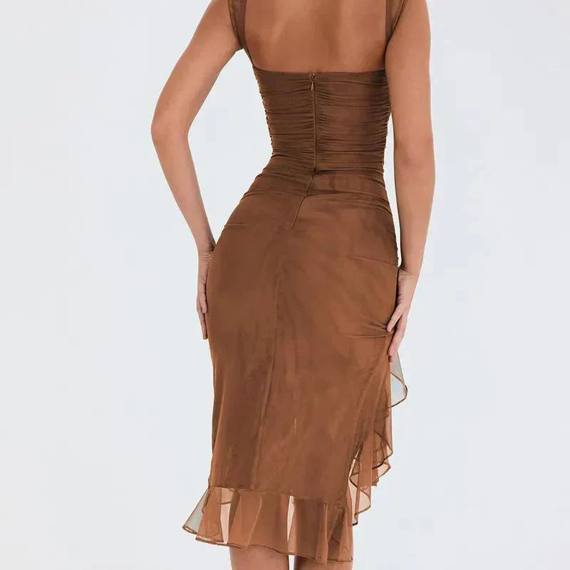 Boat Neck Sleeveless Ruched Asymmetric Slit Mesh Trim Tiered Ruffle Midi Dress