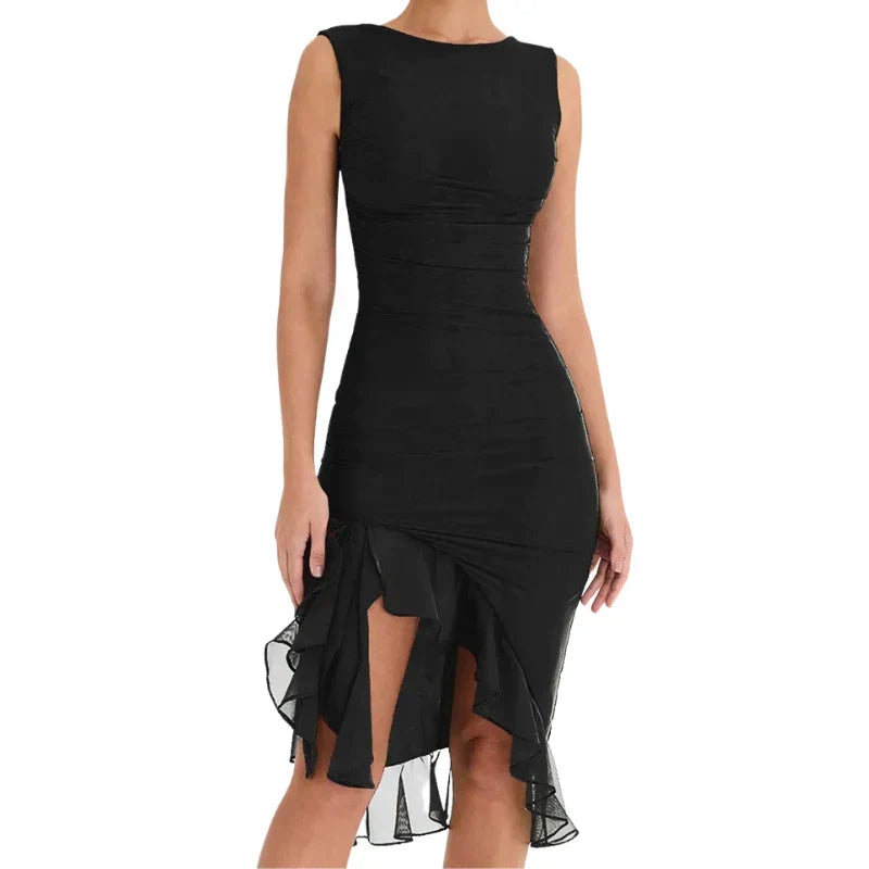 Boat Neck Sleeveless Ruched Asymmetric Slit Mesh Trim Tiered Ruffle Midi Dress