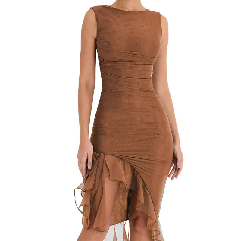 Boat Neck Sleeveless Ruched Asymmetric Slit Mesh Trim Tiered Ruffle Midi Dress