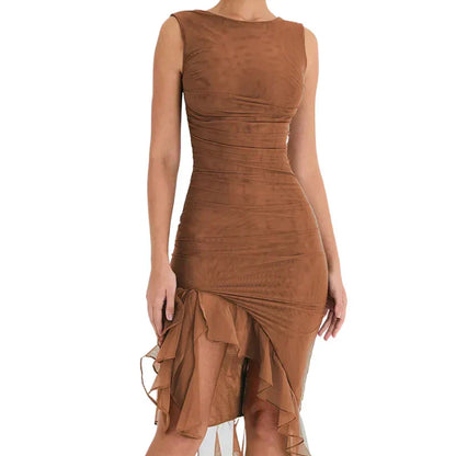 Boat Neck Sleeveless Ruched Asymmetric Slit Mesh Trim Tiered Ruffle Midi Dress