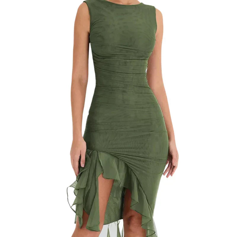 Boat Neck Sleeveless Ruched Asymmetric Slit Mesh Trim Tiered Ruffle Midi Dress