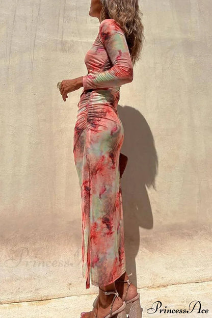 Charm Lady Mesh Overlay Tie Dye Modern Print Long Sleeve Ruched Stretch Midi Dress