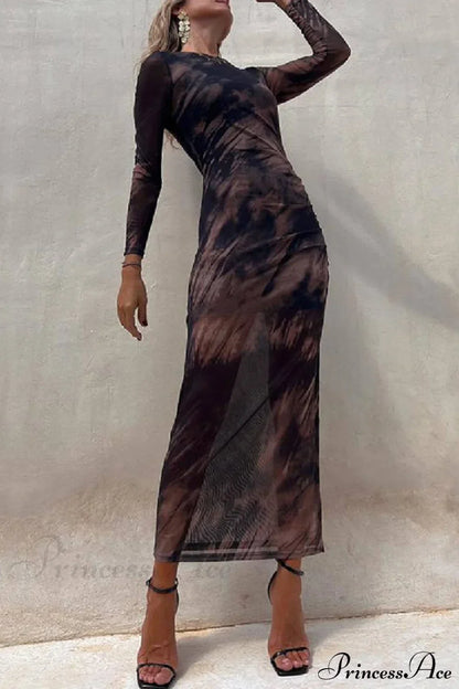 Charm Lady Mesh Overlay Tie Dye Modern Print Long Sleeve Ruched Stretch Midi Dress