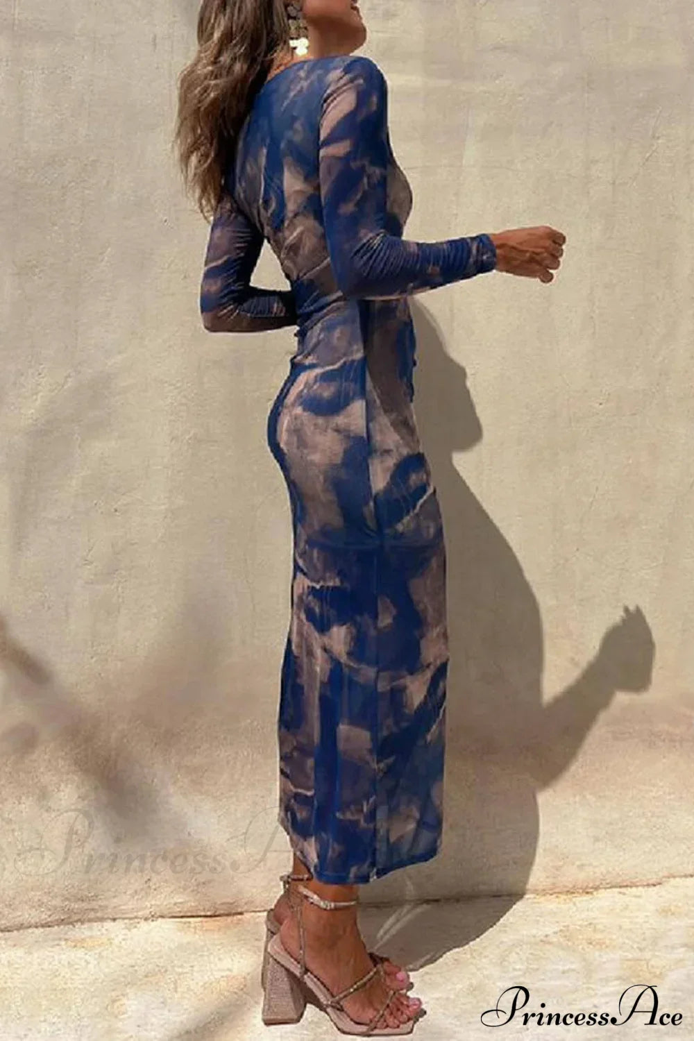 Charm Lady Mesh Overlay Tie Dye Modern Print Long Sleeve Ruched Stretch Midi Dress