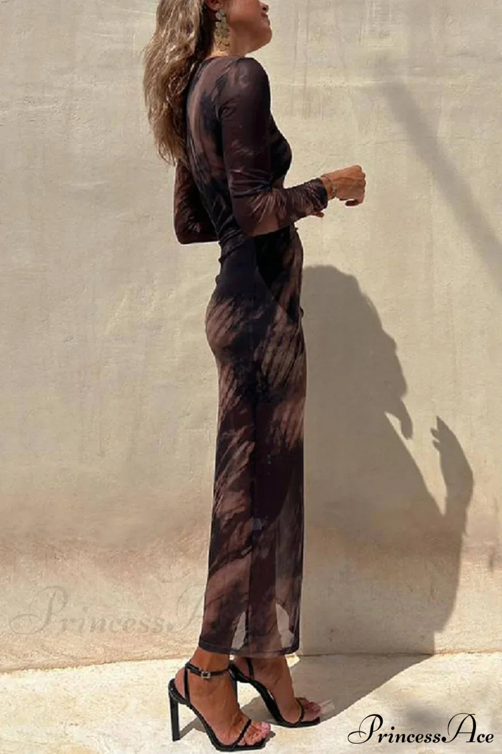 Charm Lady Mesh Overlay Tie Dye Modern Print Long Sleeve Ruched Stretch Midi Dress