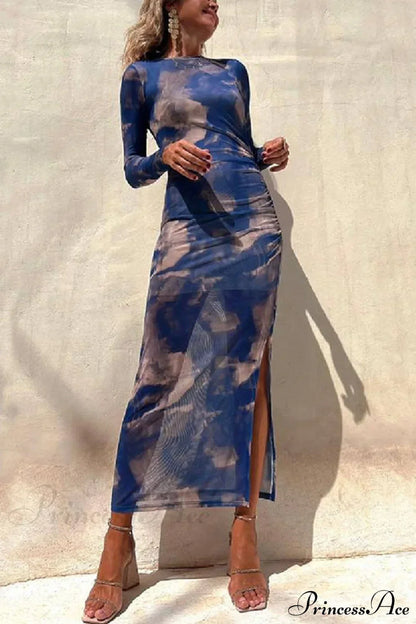 Charm Lady Mesh Overlay Tie Dye Modern Print Long Sleeve Ruched Stretch Midi Dress