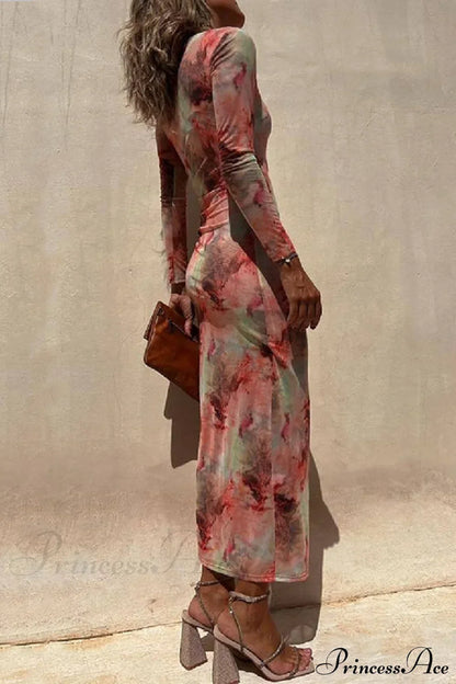 Charm Lady Mesh Overlay Tie Dye Modern Print Long Sleeve Ruched Stretch Midi Dress