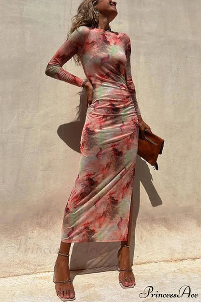 Charm Lady Mesh Overlay Tie Dye Modern Print Long Sleeve Ruched Stretch Midi Dress