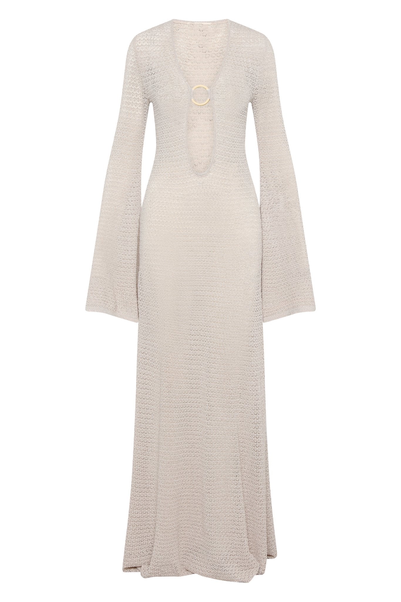 Crochet Knit Plunging V-Neck Ring Hardware Midriff Cutout Bell Sleeve Maxi Dress