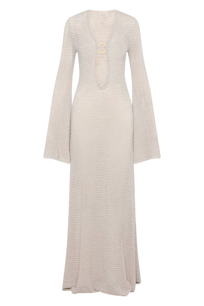 Crochet Knit Plunging V-Neck Ring Hardware Midriff Cutout Bell Sleeve Maxi Dress
