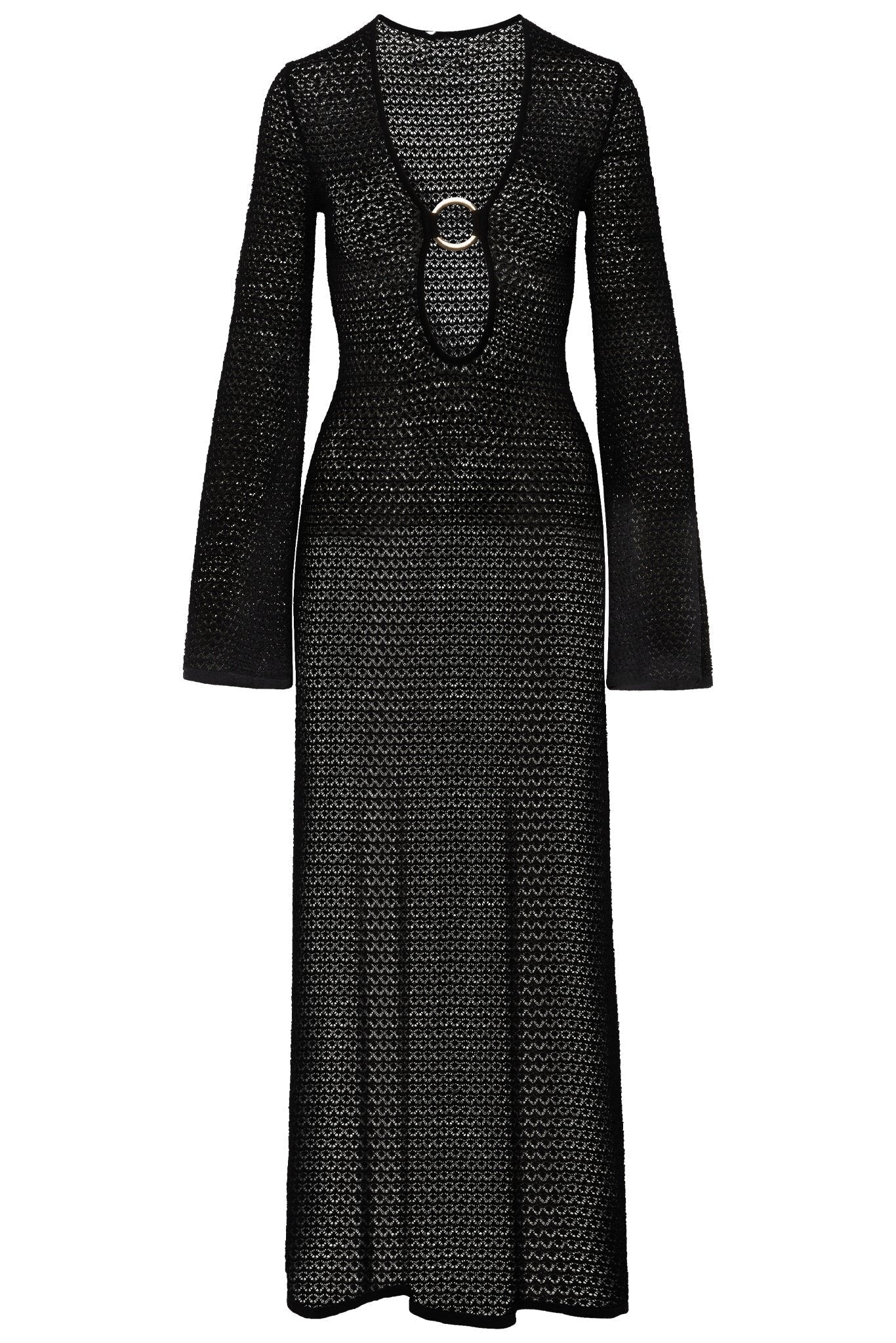 Crochet Knit Plunging V-Neck Ring Hardware Midriff Cutout Bell Sleeve Maxi Dress