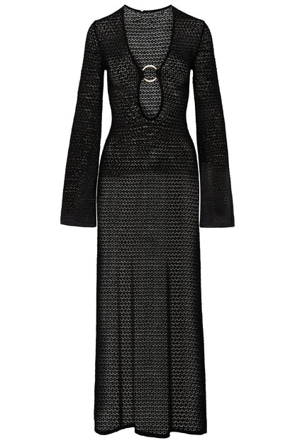 Crochet Knit Plunging V-Neck Ring Hardware Midriff Cutout Bell Sleeve Maxi Dress