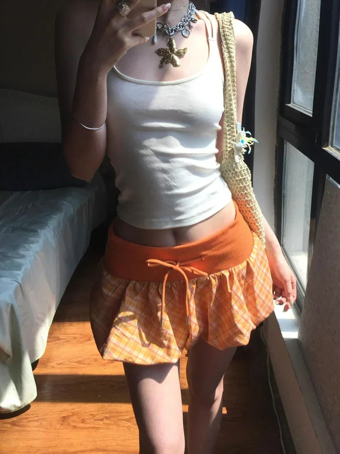 Checkered Bubble Drawstring Lounge Skirt