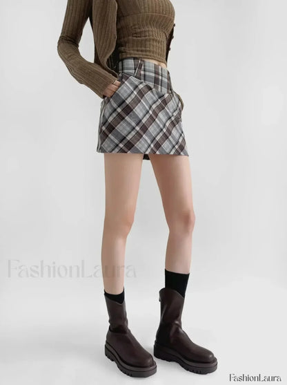 Checkered High Waist Versatile Skirt