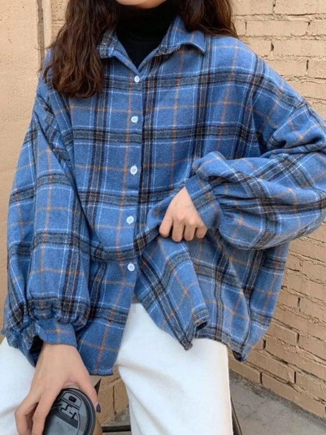 Checkered Print Button Blouse