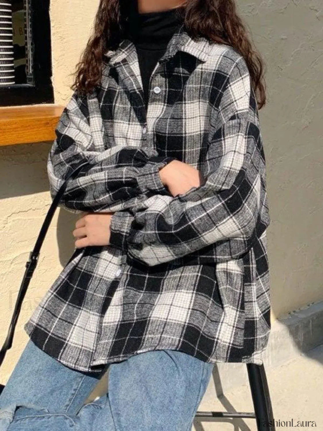 Checkered Print Button Blouse