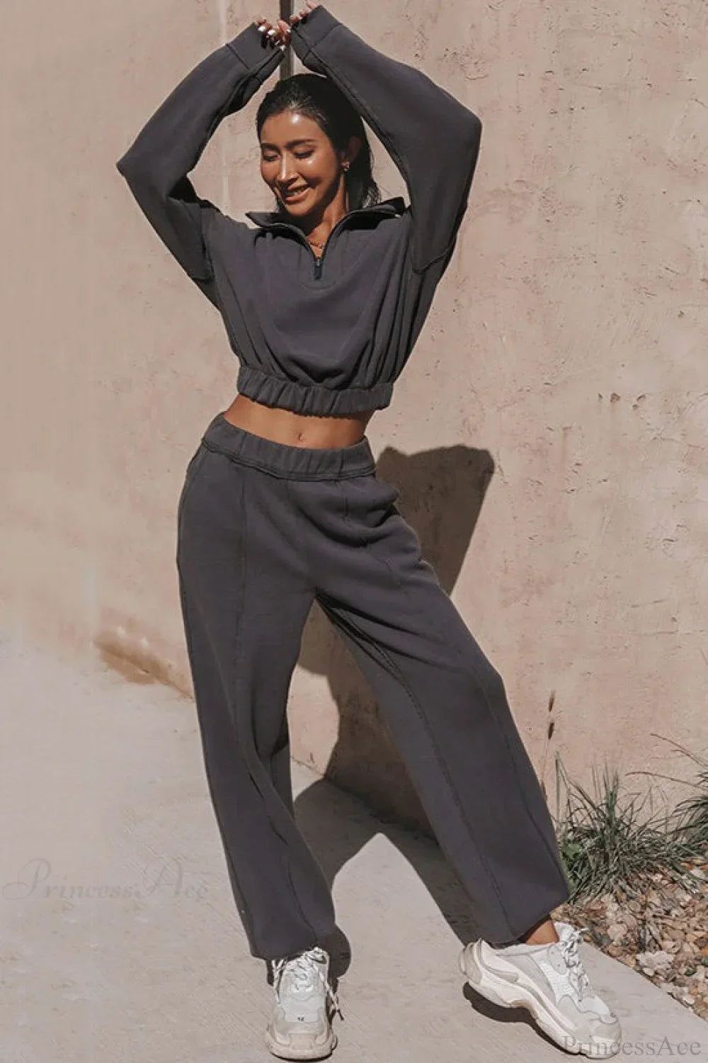 Chic Athleisure Stand Collar Sweatshirt Elastic Jogger Two Piece Set