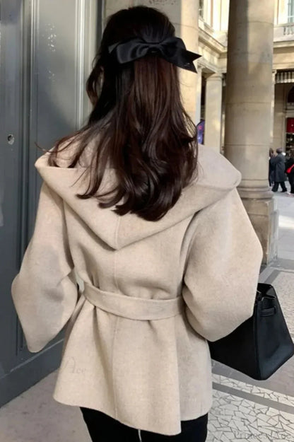 Chic Brown Woolen Hooded Overcoat