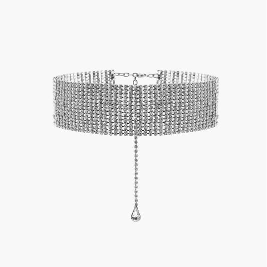 Pear Cut Rhinestone Choker Necklace Silver