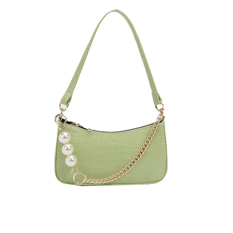 Sage Green Croco Embossed Baguette Bag with Chic Pearl Chunky Chain