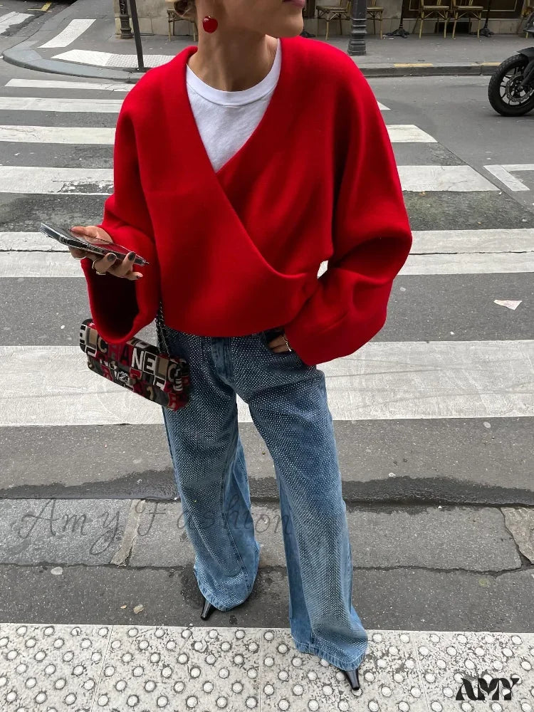 Chic Retro V-neck Loose Long Sleeve Casual Knitted Autumn Sweater