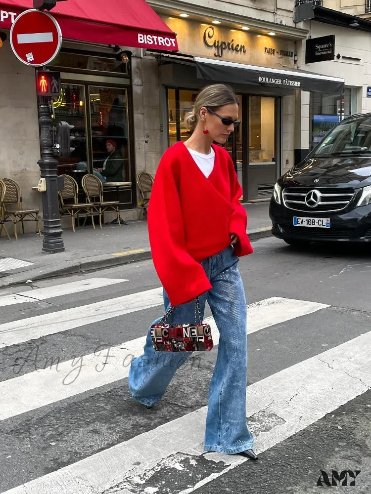 Chic Retro V-neck Loose Long Sleeve Casual Knitted Autumn Sweater