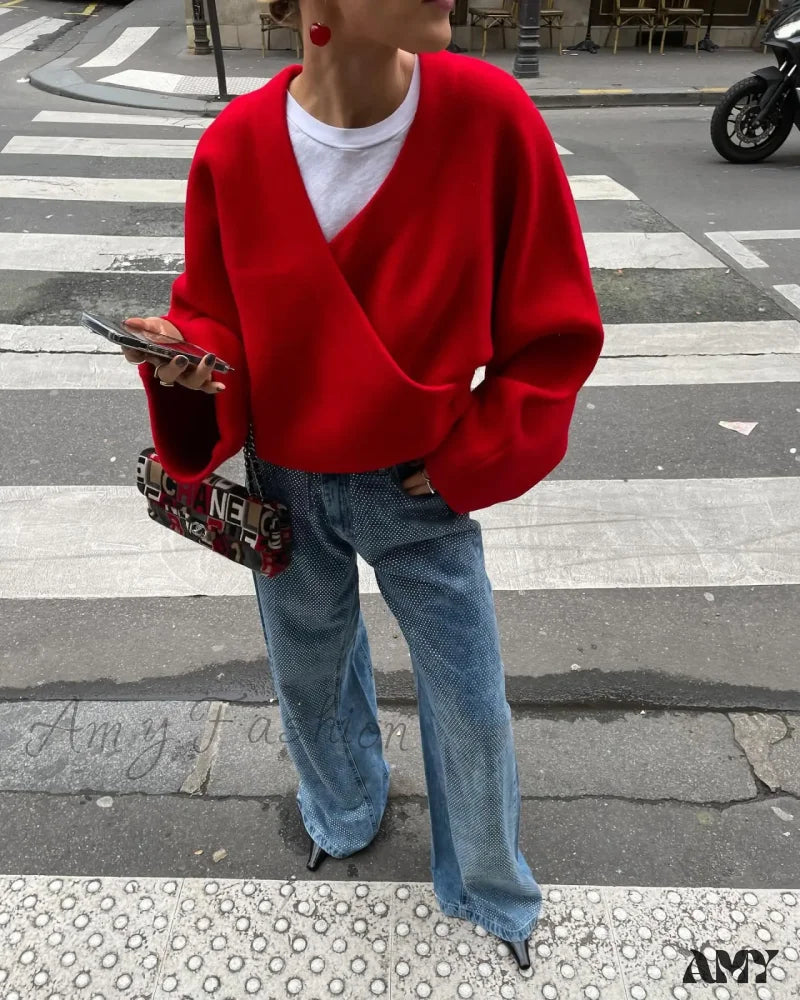 Chic Retro V-neck Loose Long Sleeve Casual Knitted Autumn Sweater