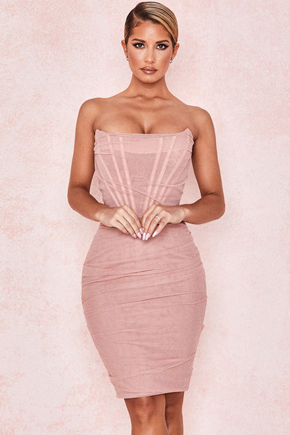 Strapless Corset Bodice Mesh Ruched Bodycon Midi Cocktail Mini Dress
