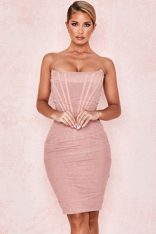 Strapless Corset Bodice Mesh Ruched Bodycon Midi Cocktail Mini Dress