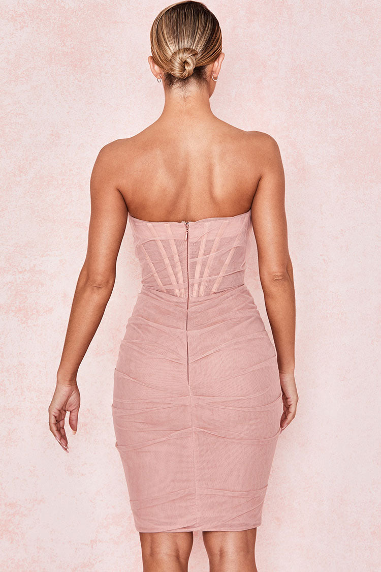 Strapless Corset Bodice Mesh Ruched Bodycon Midi Cocktail Mini Dress